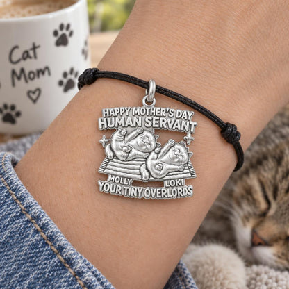 Tiny Overlords Charm Bracelet – Personalized Cat Mom Gift – worn on the wrist on a black cord bracelet