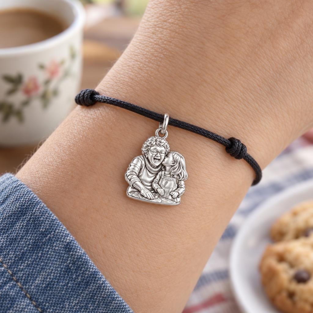 To My Nana: Nana's Sweetest Hug Charm Bracelet – worn on the wrist on a black cord bracelet