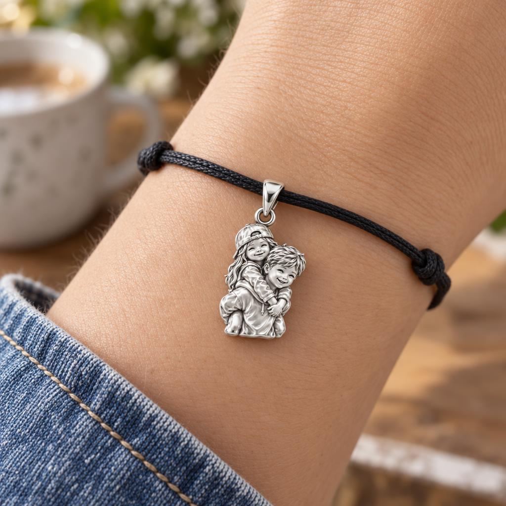 Together Since Childhood Charm Bracelet – Personalized Upload Photo Gift – worn on the wrist on a black cord bracelet