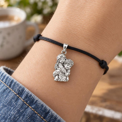 Together Since Childhood Charm Bracelet – Personalized Upload Photo Gift – worn on the wrist on a black cord bracelet