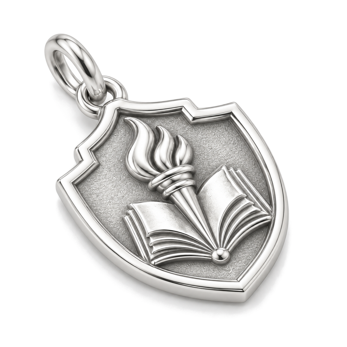 Torch of Knowledge Shield Charm — Silver Super Macro | charm-topics-remaining-444-2026-09-14 | topic-416