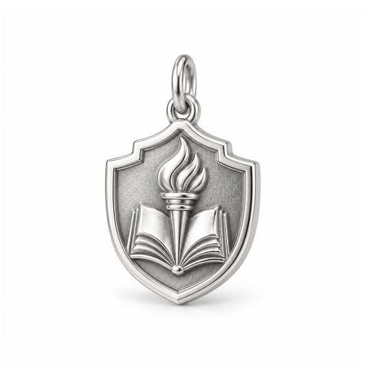 Torch of Knowledge Shield Charm — Silver | charm-topics-remaining-444-2026-09-14 | topic-416