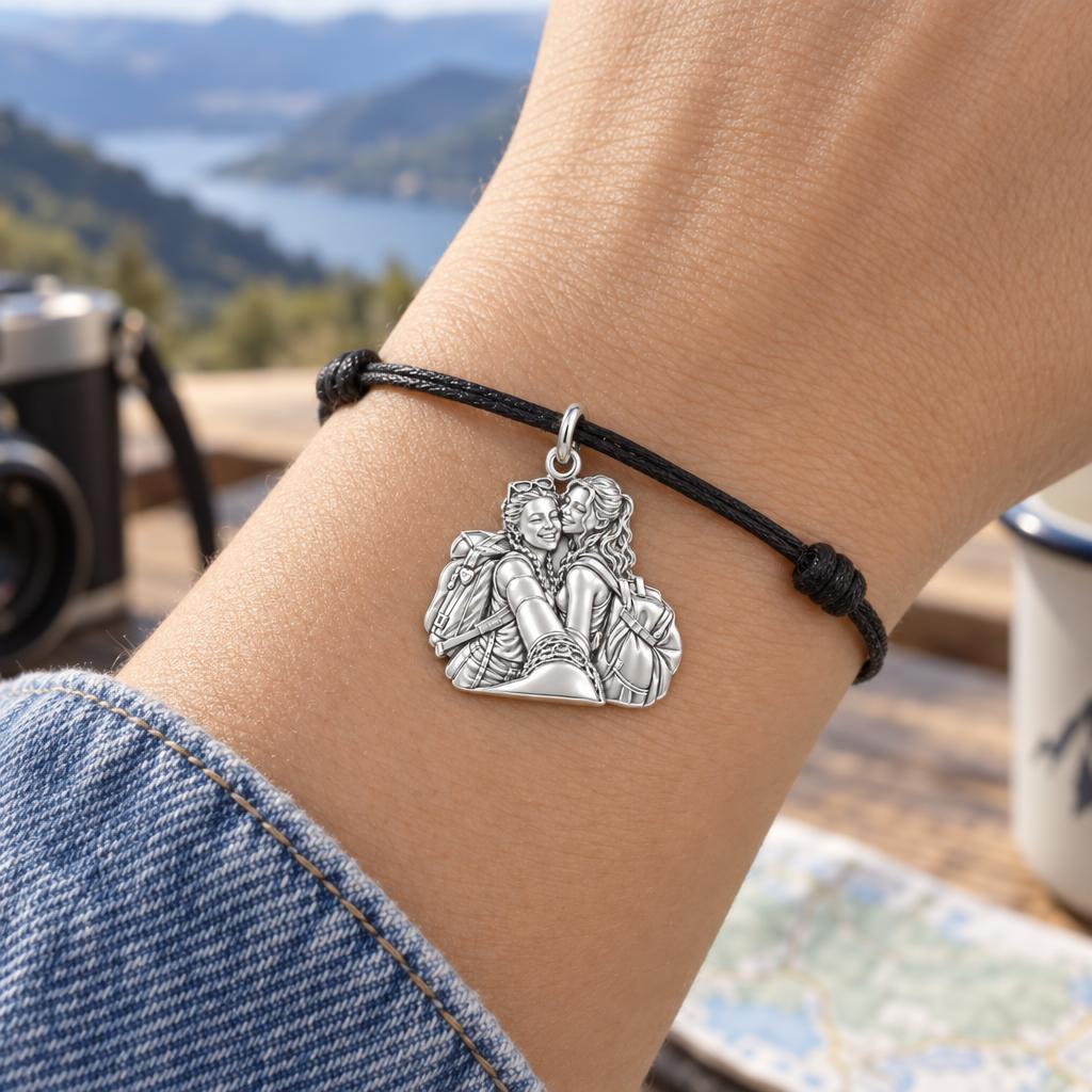 Travel Buddies Forever Charm Bracelet – Personalized Besties Gift – worn on the wrist on a black cord bracelet