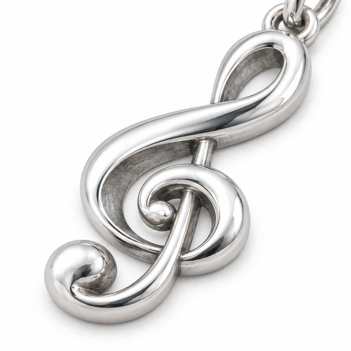 Treble Clef Charm — Silver Super Macro, lying face up on white | topics-v3-2026-09-14