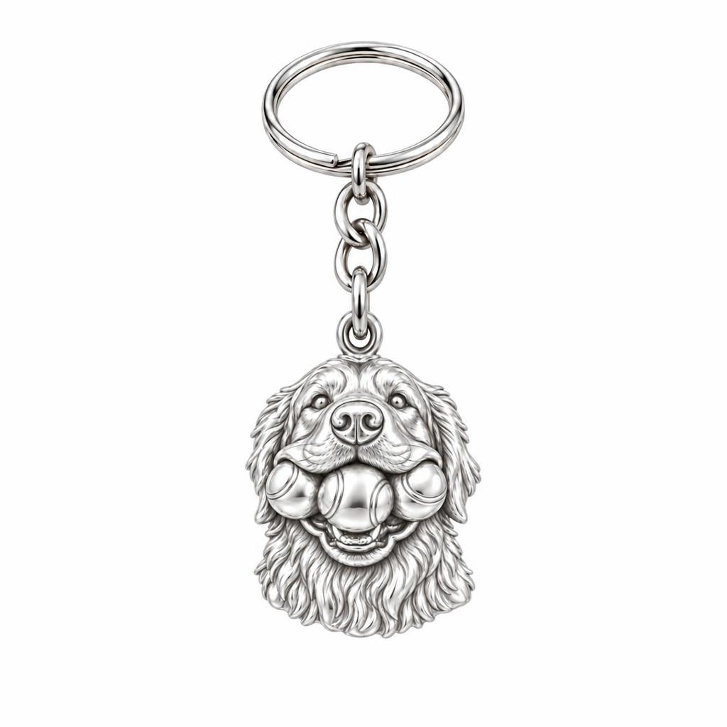 Triple Tennis Ball Golden Retriever Charm Keychain – silver, front view