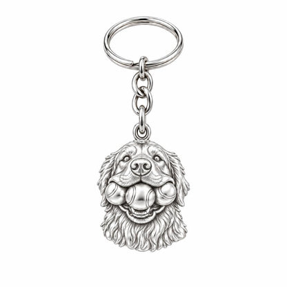 Triple Tennis Ball Golden Retriever Charm Keychain – silver, front view