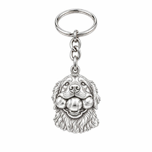 Triple Tennis Ball Golden Retriever Charm Keychain – silver, front view