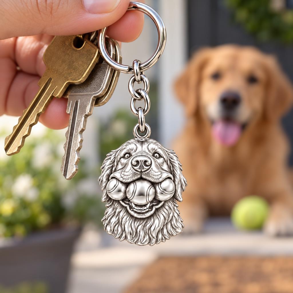 Triple Tennis Ball Golden Retriever Charm Keychain – worn / in use