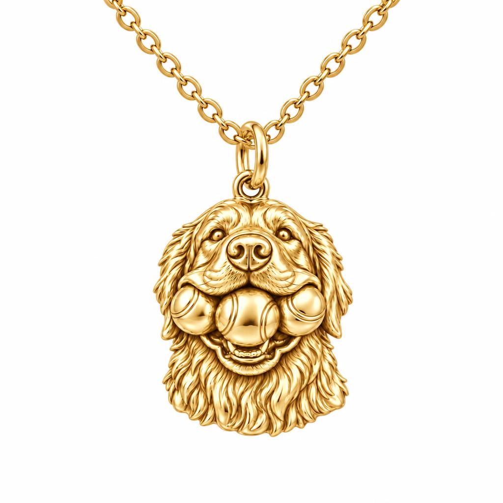 Triple Tennis Ball Golden Retriever Charm Necklace Set – 18K gold, front view