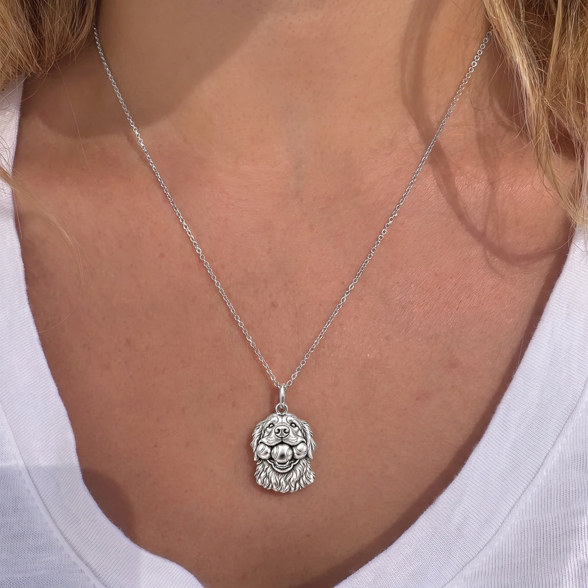 Triple Tennis Ball Golden Retriever Charm Necklace Set – worn / in use