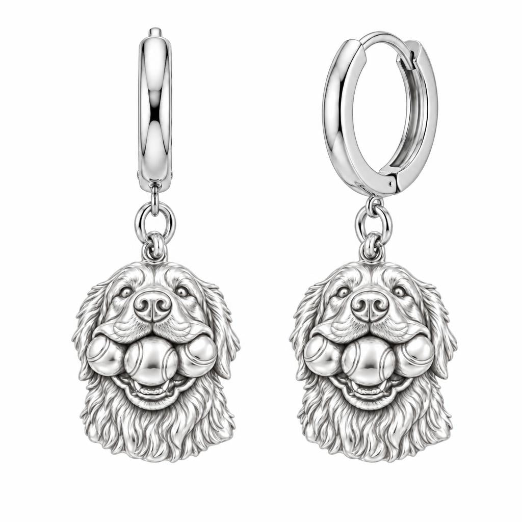 Triple Tennis Ball Golden Retriever Huggie Charm Earrings – silver, front view