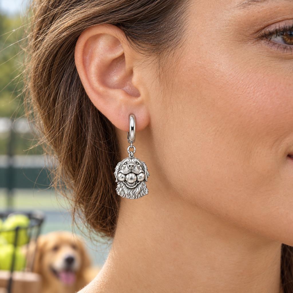 Triple Tennis Ball Golden Retriever Huggie Charm Earrings – worn / in use