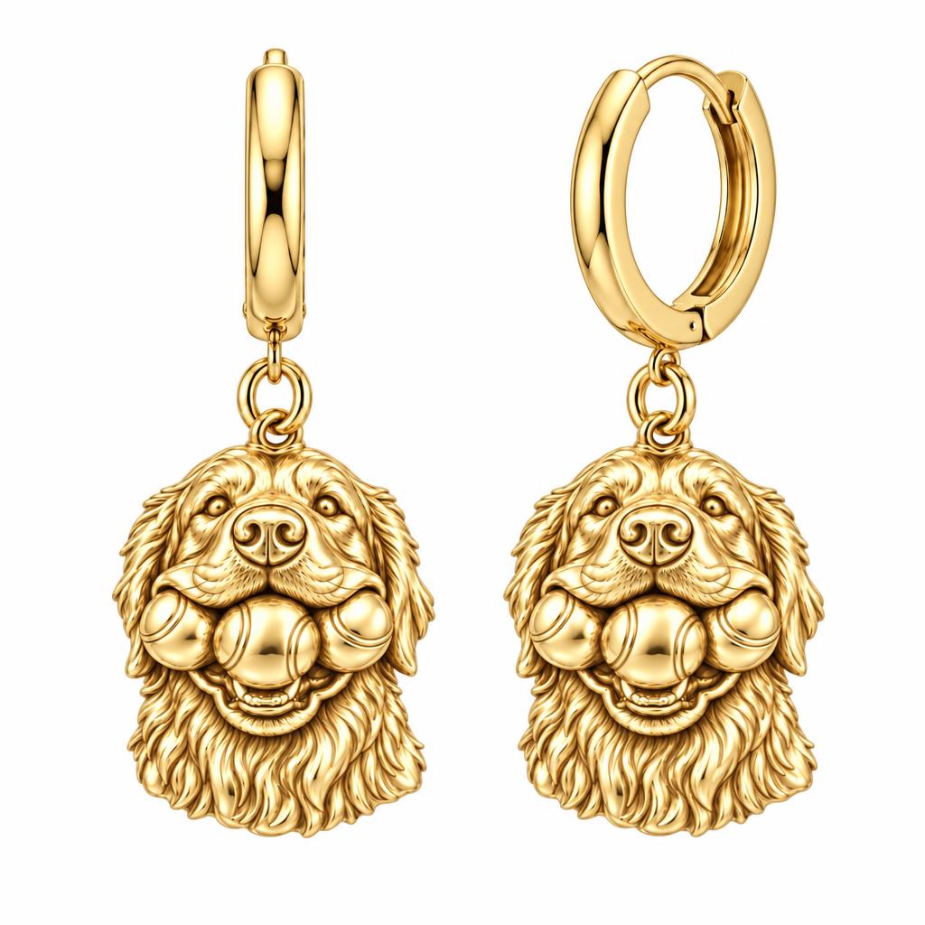 Triple Tennis Ball Golden Retriever Huggie Charm Earrings – 18K gold, front view