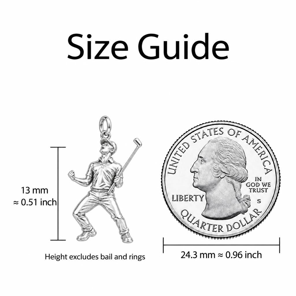 Triumphant Golfer Victory Charm Bracelet – Personalized Dad Gift – size guide, 13 mm charm next to a quarter