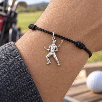 Triumphant Golfer Victory Charm Bracelet – Personalized Dad Gift – worn on the wrist on a black cord bracelet