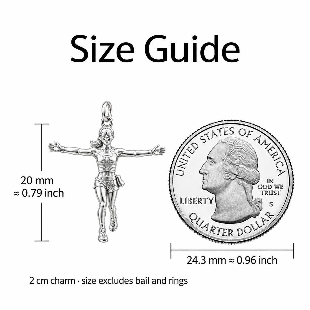 Triumphant Runner Charm Bracelet – Personalized Athlete Gift – size guide, 2 cm charm next to a quarter