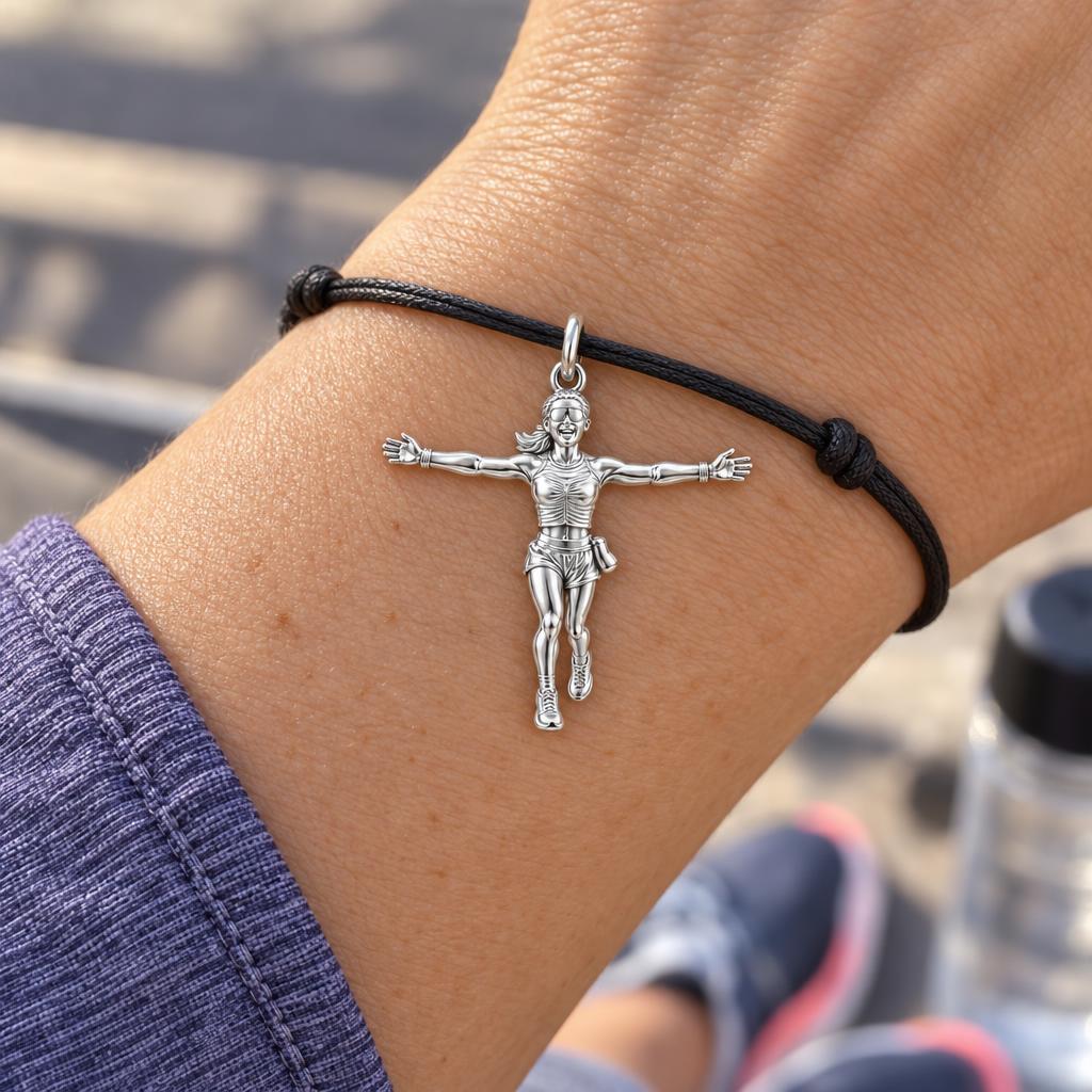 Triumphant Runner Charm Bracelet – Personalized Athlete Gift – worn on the wrist on a black cord bracelet