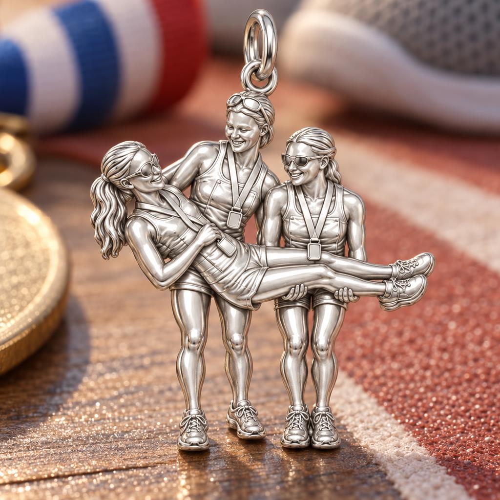 Triumphant Team Finish Charm Bracelet – Personalized Athlete Gift – macro detail of the charm