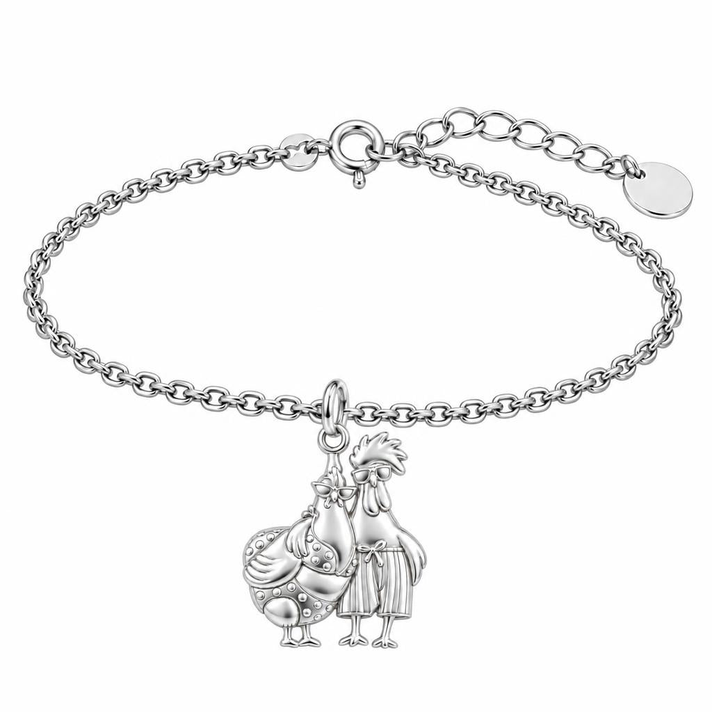 Tropical Chicken Couple Charm Bracelet Set – silver, front view