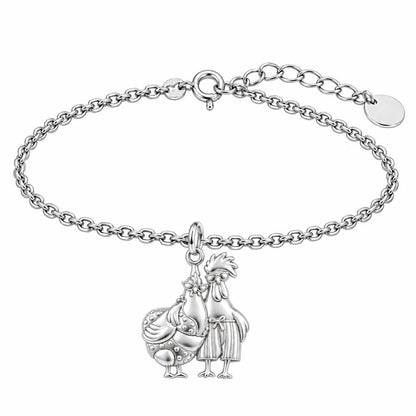 Tropical Chicken Couple Charm Bracelet Set – silver, front view