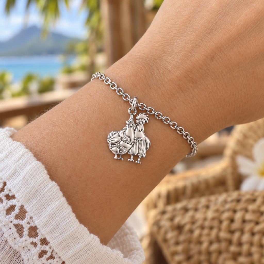 Tropical Chicken Couple Charm Bracelet Set – worn / in use
