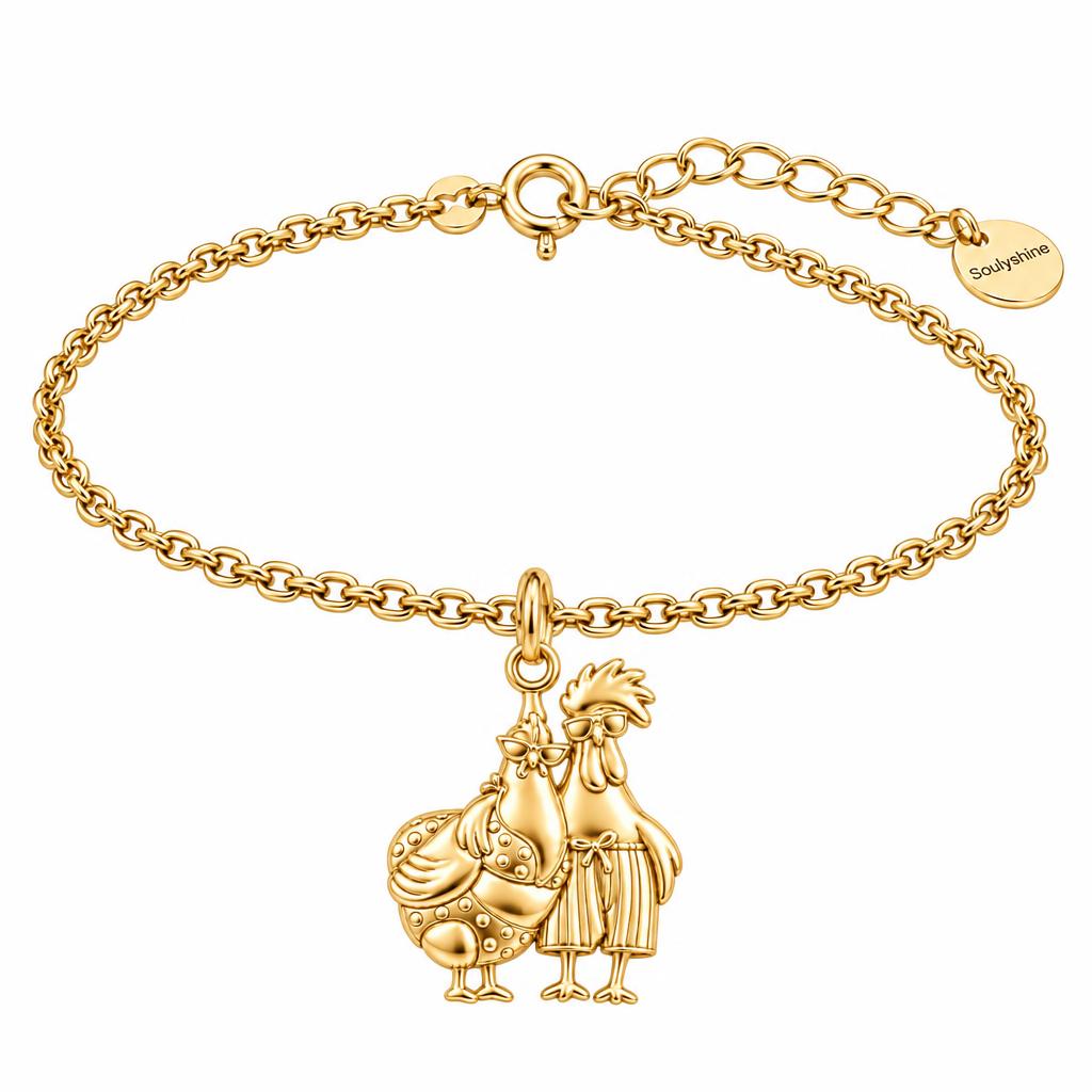 Tropical Chicken Couple Charm Bracelet Set – 18K gold, front view