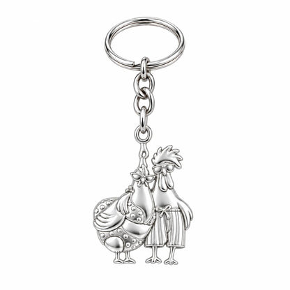 Tropical Chicken Couple Charm Keychain – silver, front view