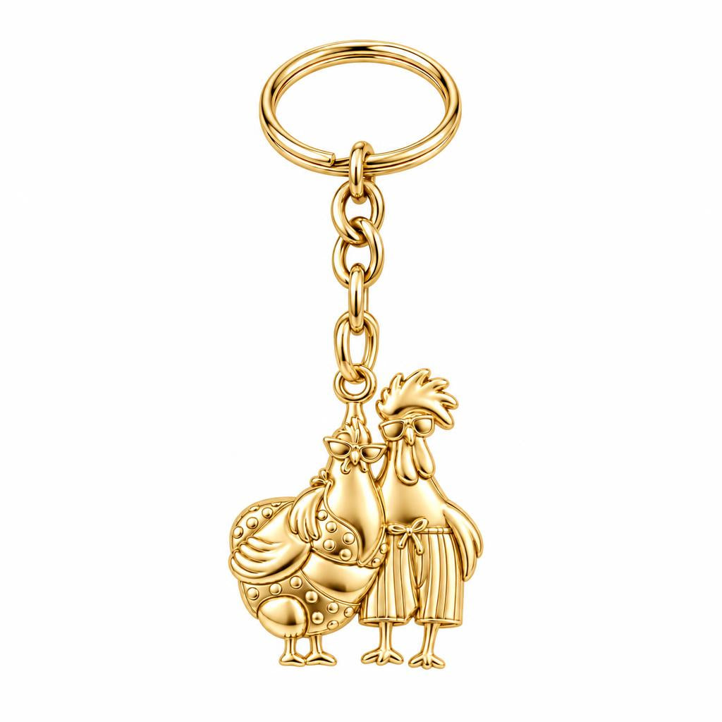Tropical Chicken Couple Charm Keychain – 18K gold, front view