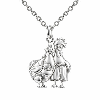 Tropical Chicken Couple Charm Necklace Set – silver, front view