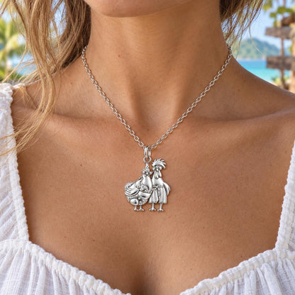 Tropical Chicken Couple Charm Necklace Set – worn / in use