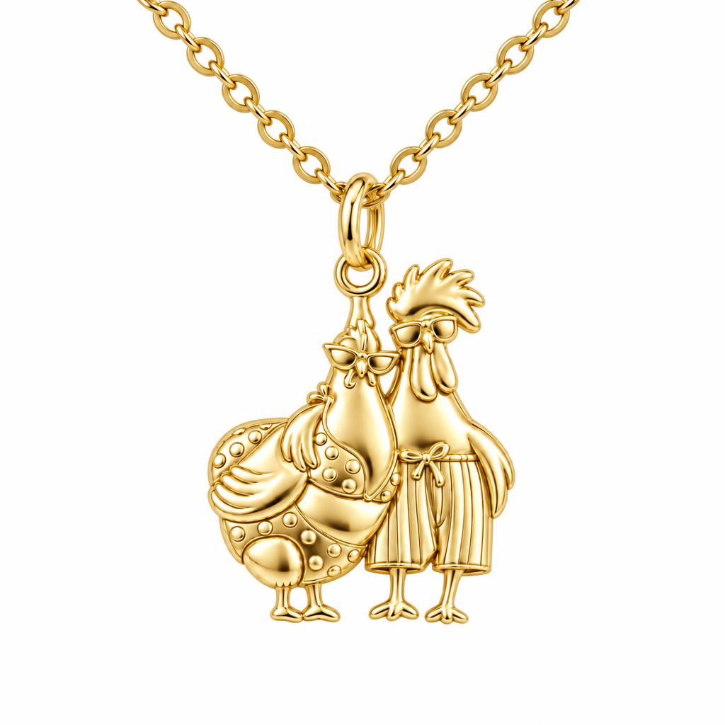 Tropical Chicken Couple Charm Necklace Set – 18K gold, front view
