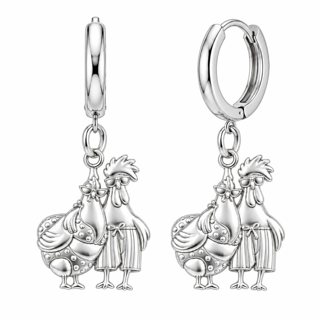 Tropical Chicken Couple Huggie Charm Earrings – silver, front view