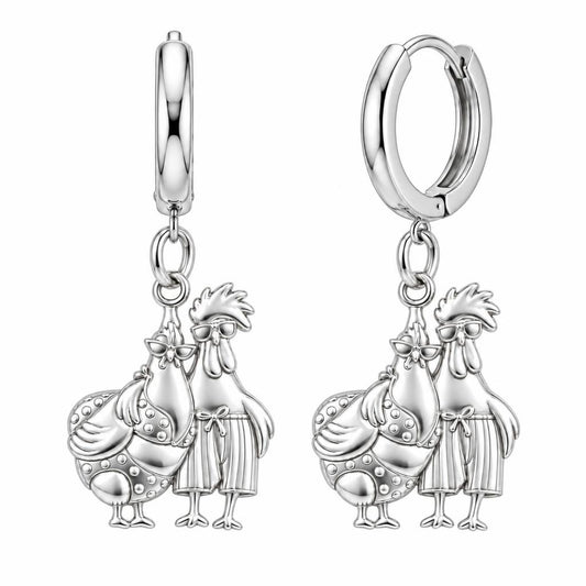 Tropical Chicken Couple Huggie Charm Earrings – silver, front view