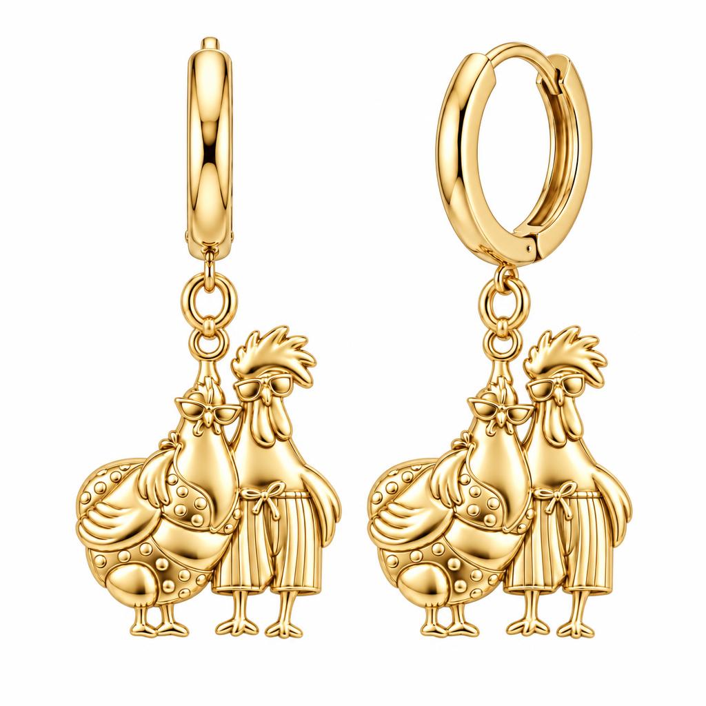 Tropical Chicken Couple Huggie Charm Earrings – 18K gold, front view