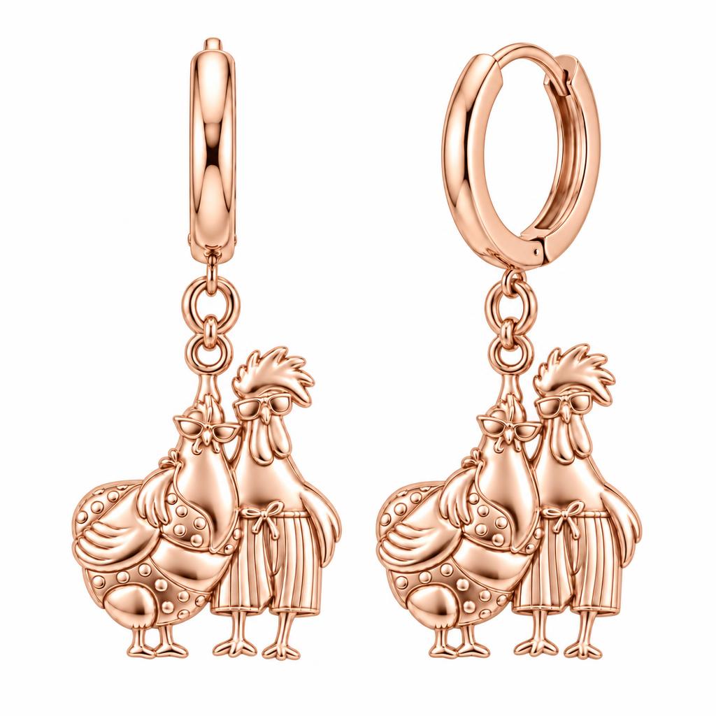 Tropical Chicken Couple Huggie Charm Earrings – rose gold, front view