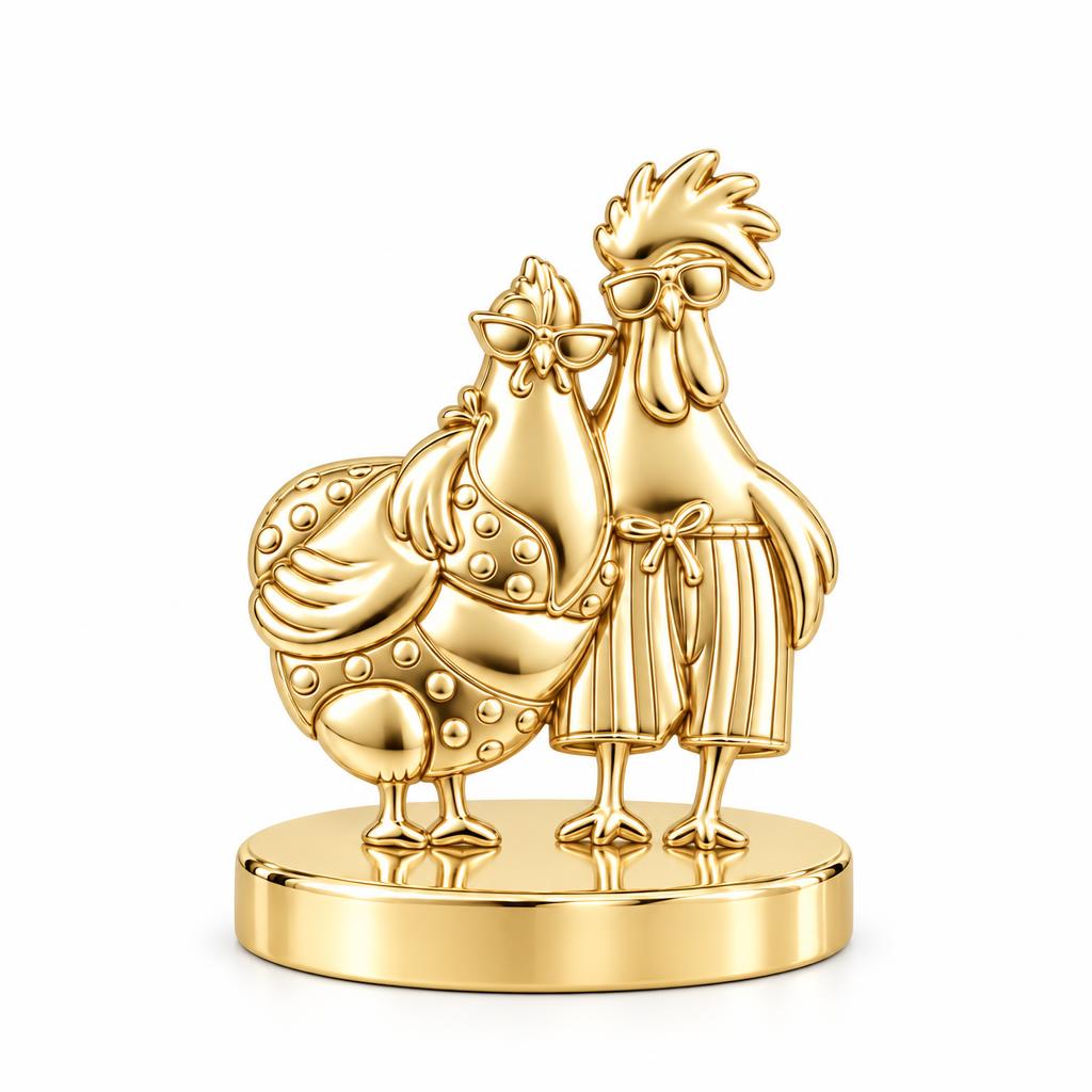 Tropical Chicken Couple Keepsake Plaque – 18K gold, front view