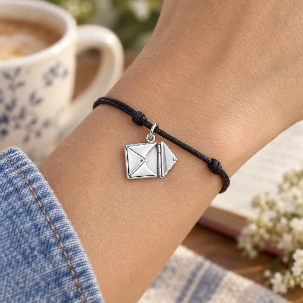 Tucked Away Love Letter Charm Bracelet – Personalized Mom Gift – worn on the wrist on a black cord bracelet