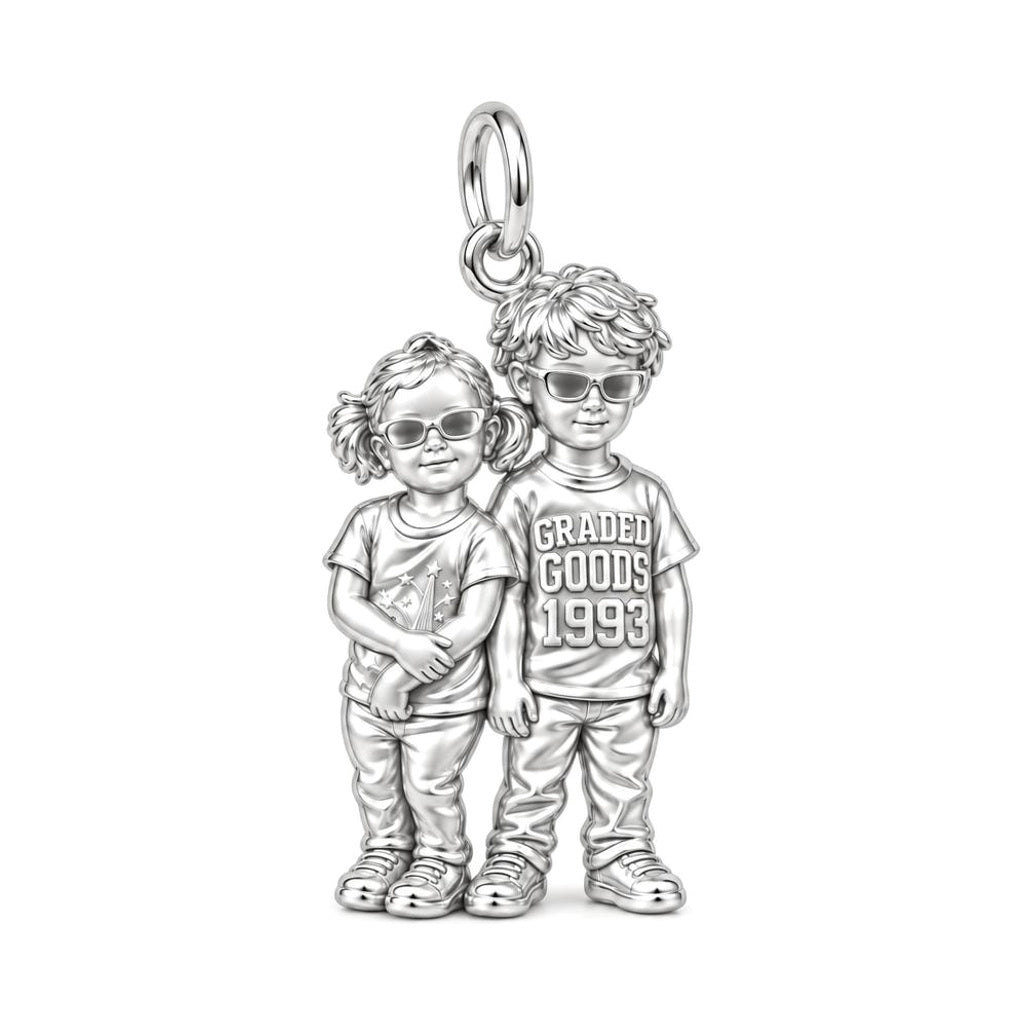 Tucked In Siblings Charm Bracelet – Personalized Mom Gift – silver charm, front view