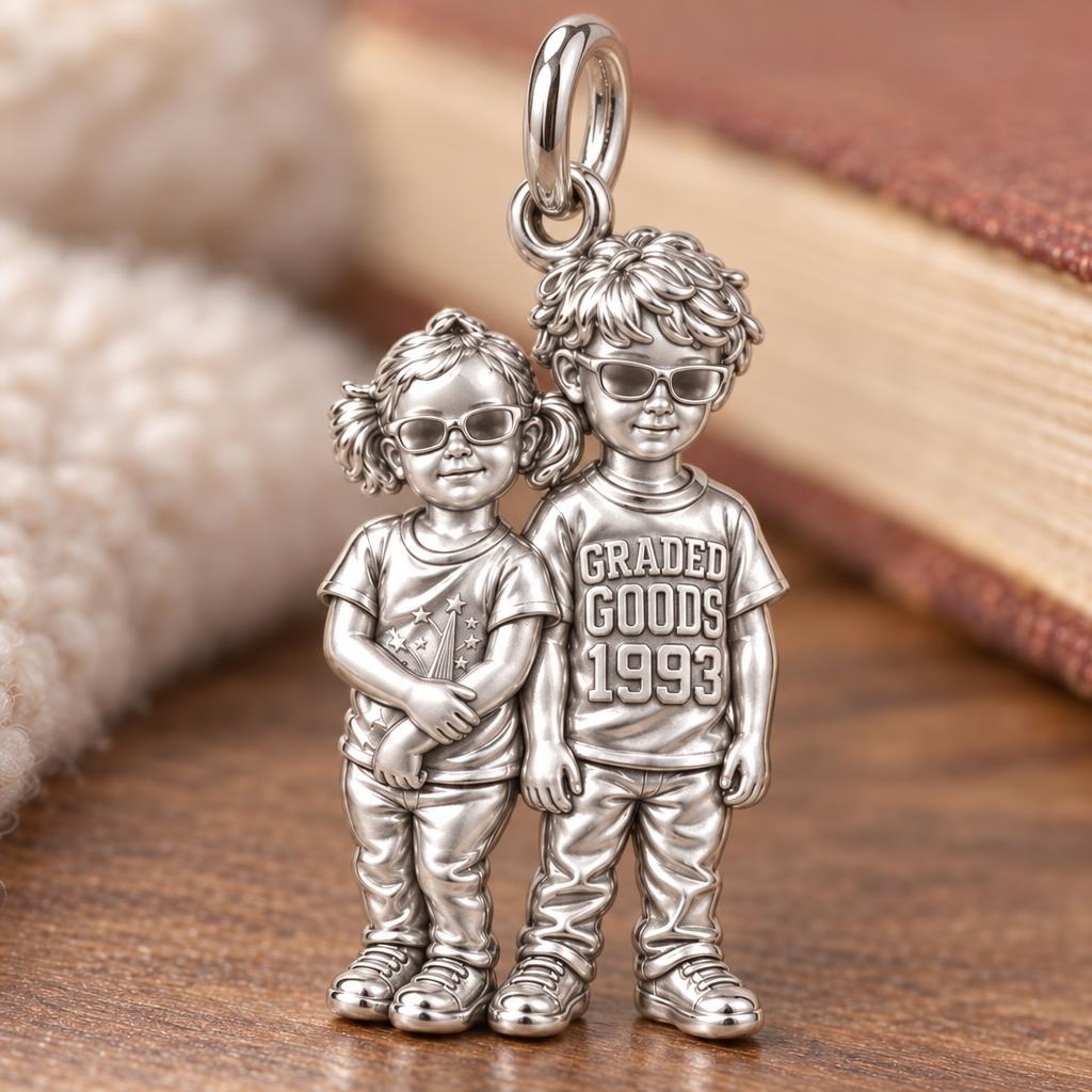 Tucked In Siblings Charm Bracelet – Personalized Mom Gift – macro detail of the charm