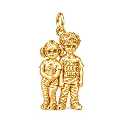 Tucked In Siblings Charm Bracelet – Personalized Mom Gift – 18K gold charm, front view