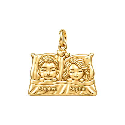 Tucked In Together Charm Bracelet – Personalized Couple Gift – 18K gold plated 3 cm charm, front view