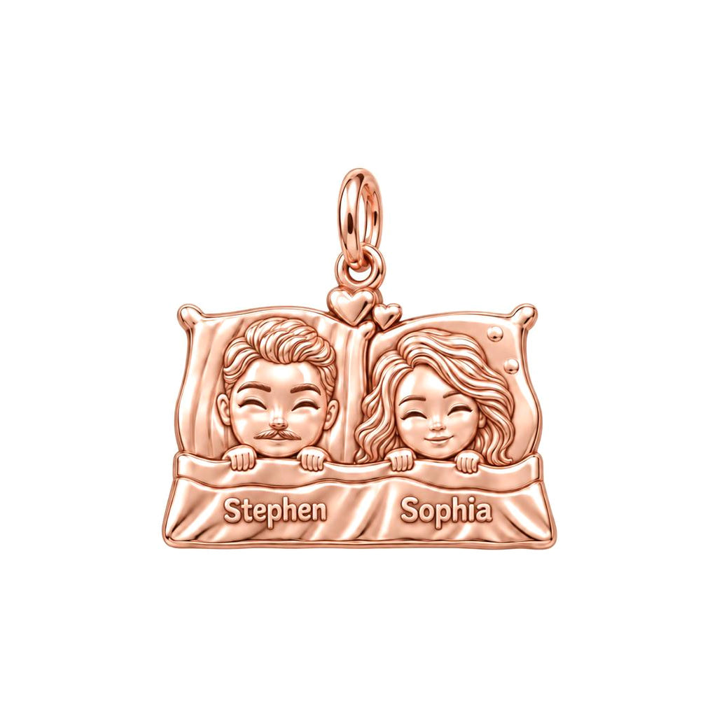 Tucked In Together Charm Bracelet – Personalized Couple Gift – rose gold 3 cm charm, front view