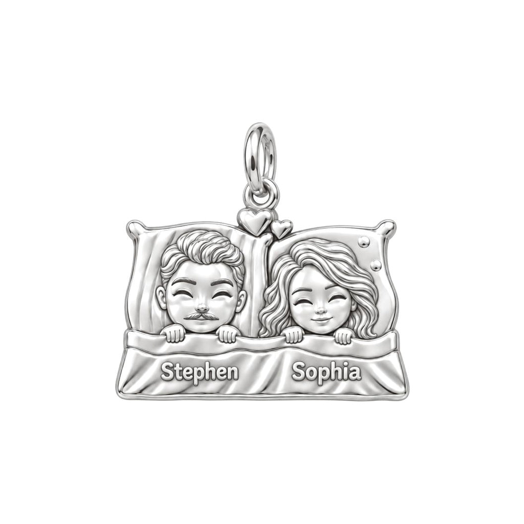 Tucked In Together Charm Bracelet – Personalized Couple Gift – silver plated 3 cm charm, front view