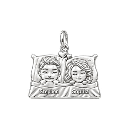 Tucked In Together Charm Bracelet – Personalized Couple Gift – silver plated 3 cm charm, front view