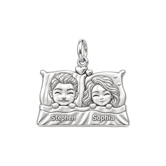 Tucked In Together Charm Bracelet – Personalized Couple Gift – silver plated 3 cm charm, front view