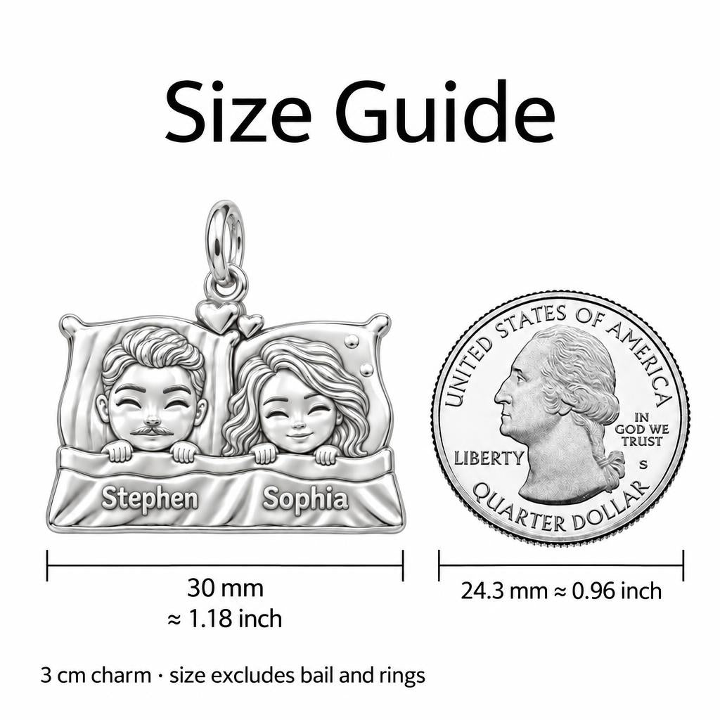 Tucked In Together Charm Bracelet – Personalized Couple Gift – size guide, 3 cm charm next to a quarter
