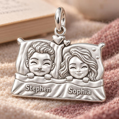 Tucked In Together Charm Bracelet – Personalized Couple Gift – macro detail of the charm