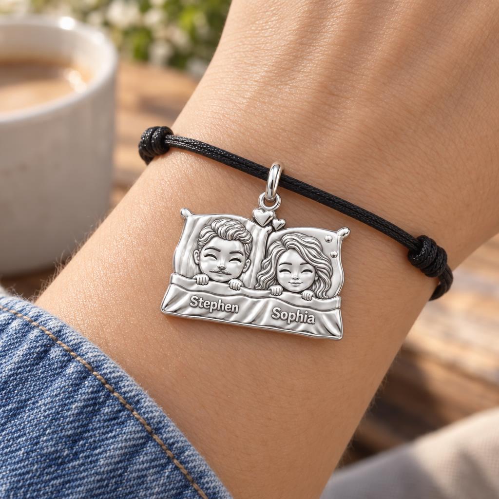 Tucked In Together Charm Bracelet – Personalized Couple Gift – worn on the wrist on a black cord bracelet