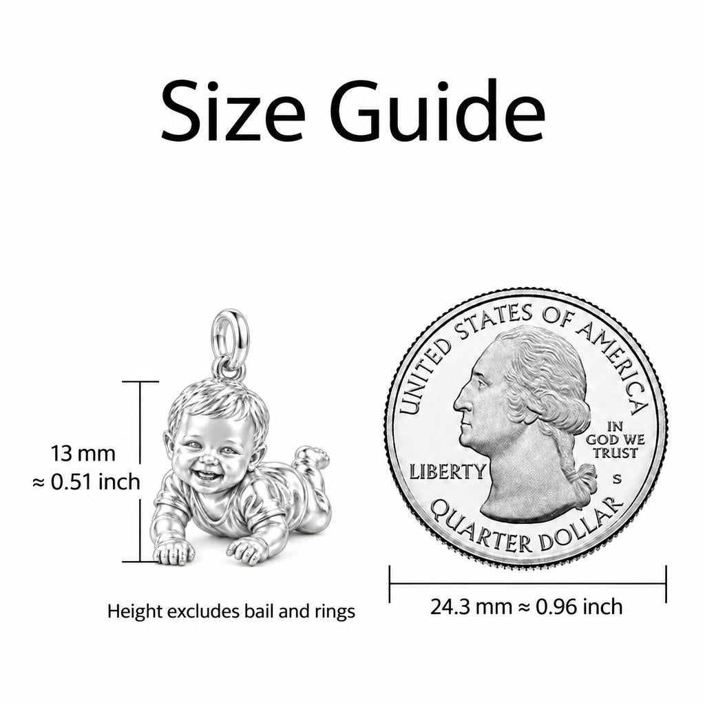 Tummy Time Joy Charm Bracelet – Personalized Mom Gift – size guide, 13 mm charm next to a quarter