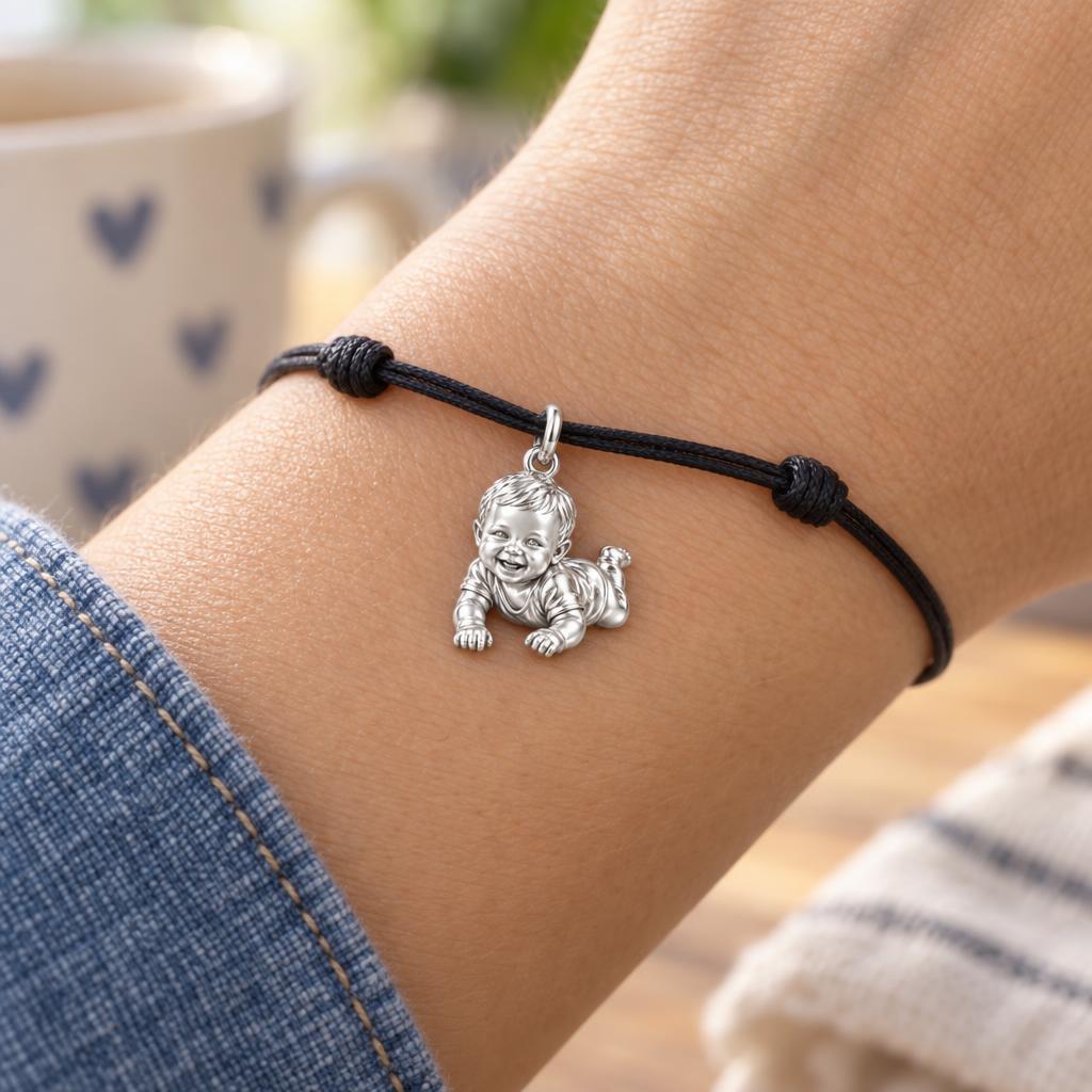 Tummy Time Joy Charm Bracelet – Personalized Mom Gift – worn on the wrist on a black cord bracelet